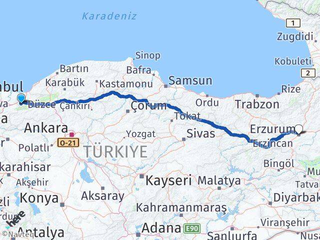 Düzce Gölyaka Erzurum Arası Kaç Km - Yol Haritası