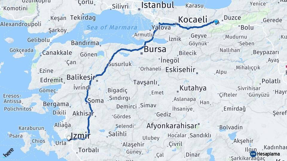 Düzce Gölyaka İzmir Arası Kaç Km - Yol Haritası