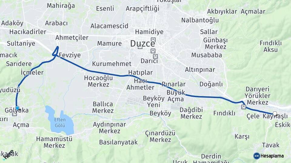 Düzce Gölyaka Kaynaşlı Arası Kaç Km - Yol Haritası