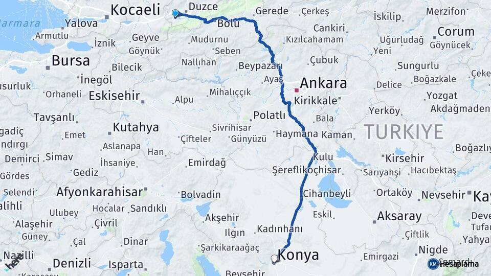Düzce Gölyaka Konya Arası Kaç Km - Yol Haritası
