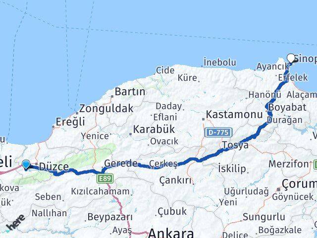 Düzce Gölyaka Sinop Arası Kaç Km - Yol Haritası