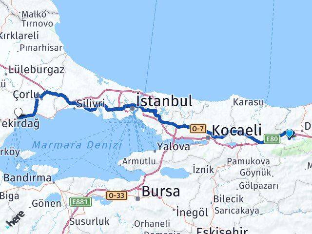 Düzce Gölyaka Tekirdağ Arası Kaç Km - Yol Haritası