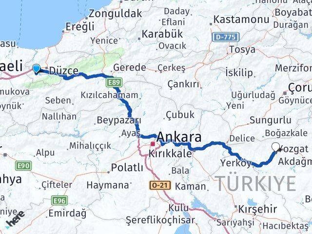 Düzce Gölyaka Yozgat Arası Kaç Km - Yol Haritası