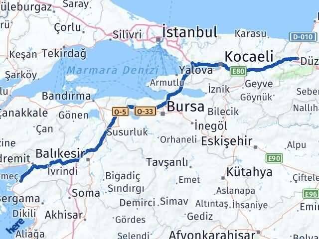 Düzce Gömeç Balıkesir Arası Kaç Km - Yol Haritası