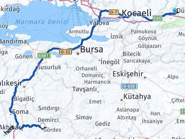 Düzce Gördes Manisa Arası Kaç Km - Yol Haritası