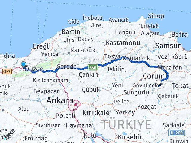 Düzce Göynücek Amasya Arası Kaç Km - Yol Haritası
