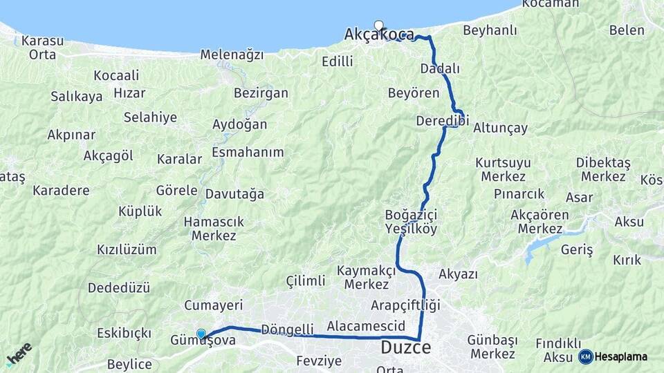 Düzce Gümüşova Akçakoca Arası Kaç Km - Yol Haritası