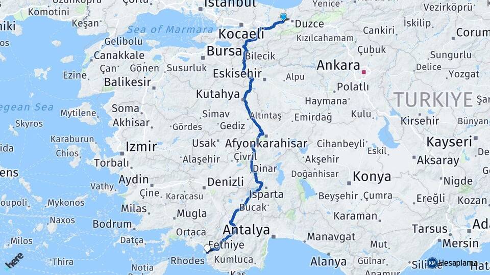 Düzce Gümüşova Ölüdeniz Fethiye Muğla Arası Kaç Km - Yol Haritası