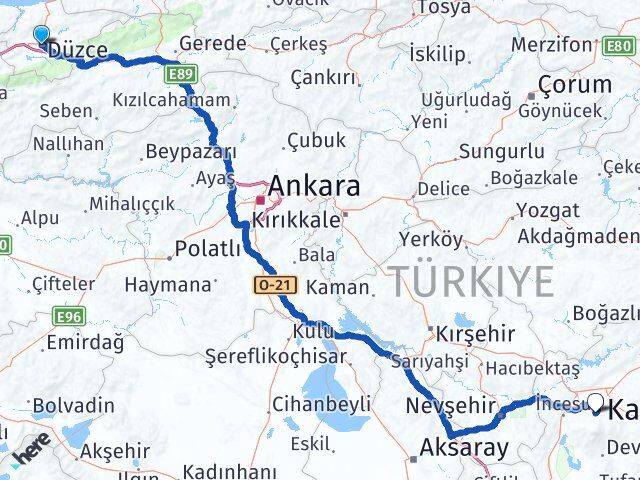 Düzce Hacılar Kayseri Arası Kaç Km - Yol Haritası