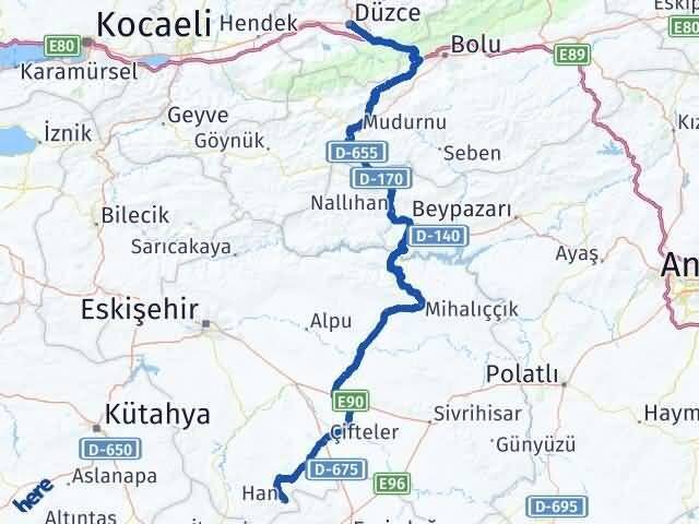 Düzce Han Eskişehir Arası Kaç Km - Yol Haritası