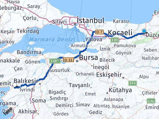 Düzce Havran Balıkesir Arası Kaç Km - Yol Haritası