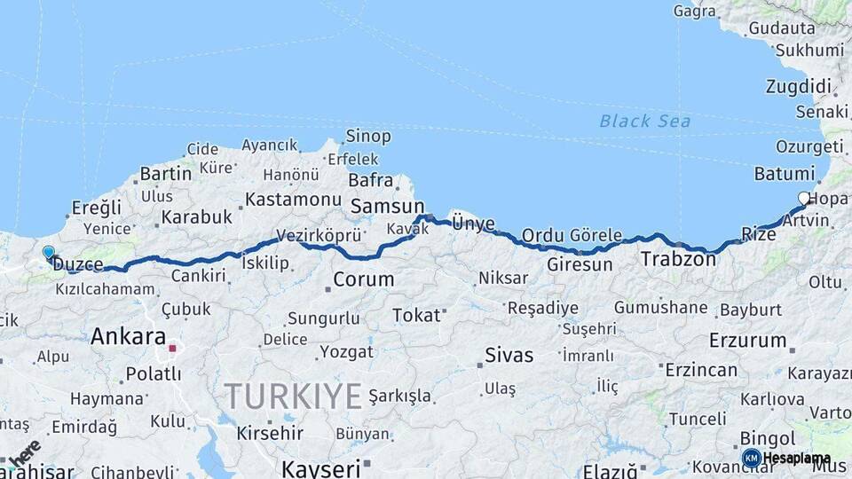 Düzce Hopa Artvin Arası Kaç Km - Yol Haritası