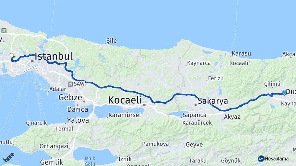 Düzce İkitelli OSB Başakşehir İstanbul Arası Kaç Km - Yol Haritası