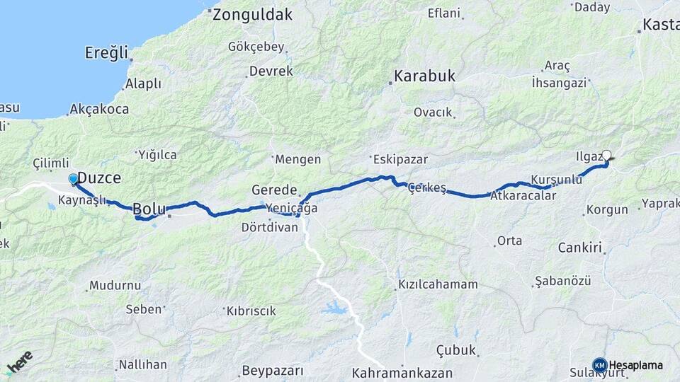 Düzce Ilgaz Çankırı Arası Kaç Km - Yol Haritası