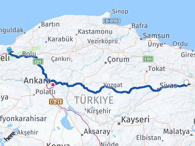 Düzce İmranlı Sivas Arası Kaç Km - Yol Haritası