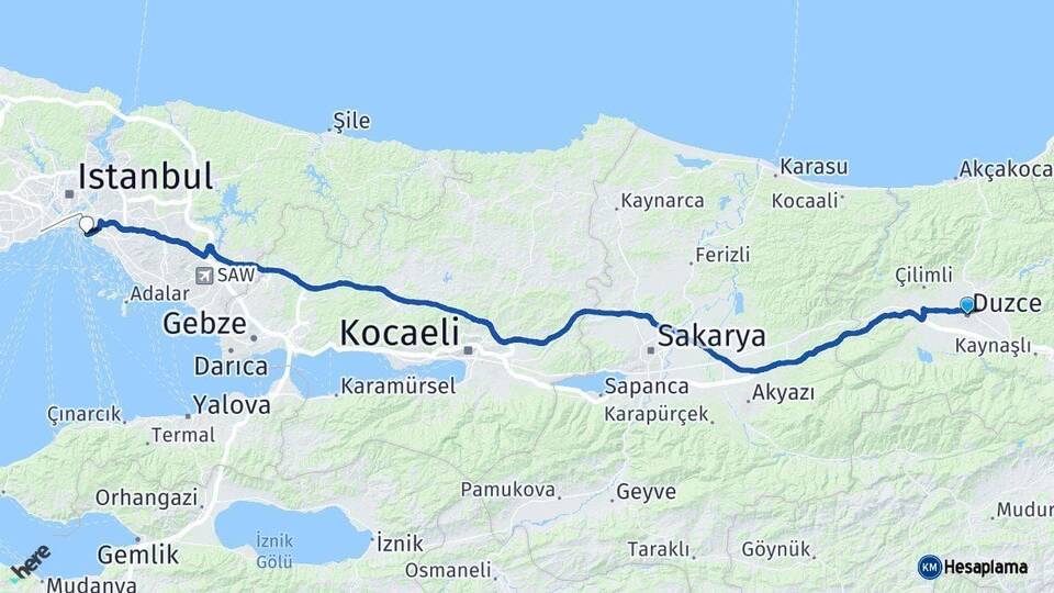 Düzce Kadıköy İstanbul Arası Kaç Km - Yol Haritası
