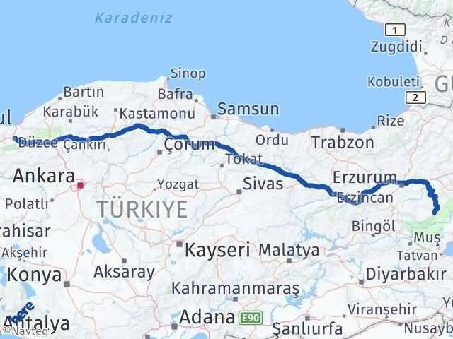 Düzce Karaçoban Erzurum Arası Kaç Km - Yol Haritası