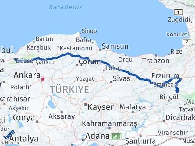 Düzce Karlıova Bingöl Arası Kaç Km - Yol Haritası