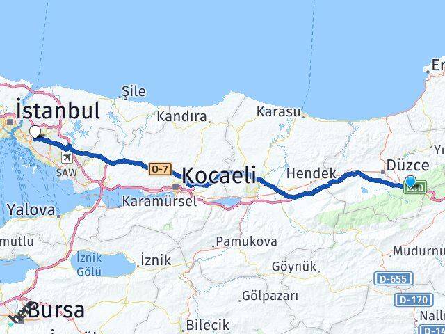 Düzce Kaynaşlı Ataşehir İstanbul Arası Kaç Km - Yol Haritası
