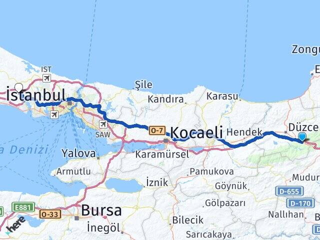 Düzce Kaynaşlı Çatalca İstanbul Arası Kaç Km - Yol Haritası