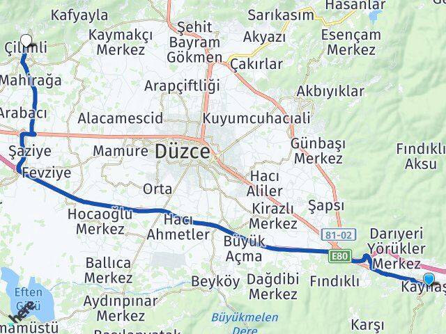 Düzce Kaynaşlı Çilimli Arası Kaç Km - Yol Haritası