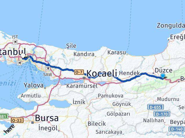 Düzce Kaynaşlı Esenler İstanbul Arası Kaç Km - Yol Haritası