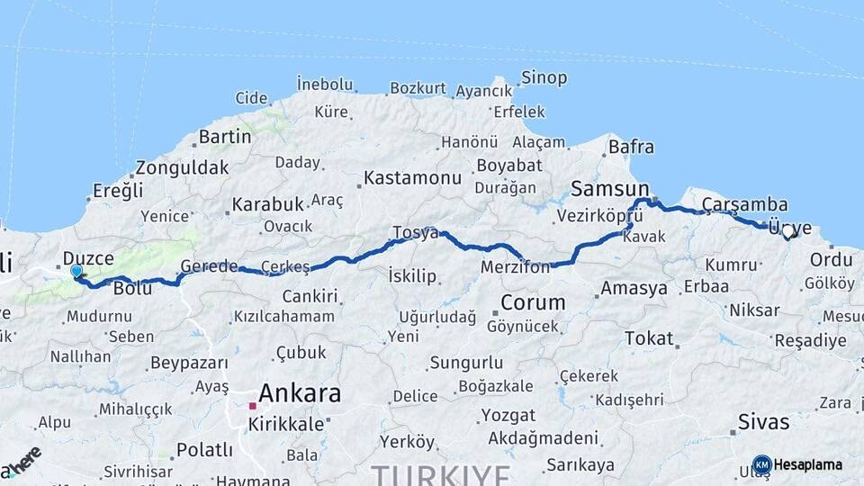 Düzce Kaynaşlı Fatsa Ordu Arası Kaç Km - Yol Haritası