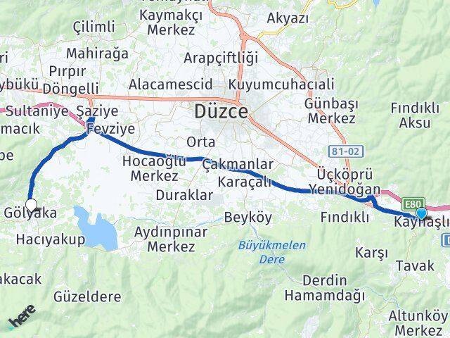 Düzce Kaynaşlı Gölyaka Arası Kaç Km - Yol Haritası