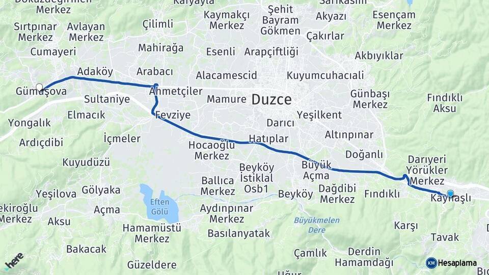Düzce Kaynaşlı Gümüşova Arası Kaç Km - Yol Haritası