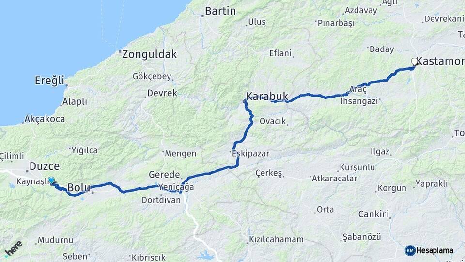 Düzce Kaynaşlı Kastamonu Arası Kaç Km - Yol Haritası