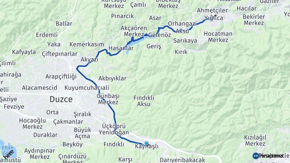 Düzce Kaynaşlı Yığılca Arası Kaç Km - Yol Haritası