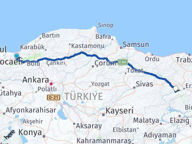 Düzce Kemah Erzincan Arası Kaç Km - Yol Haritası