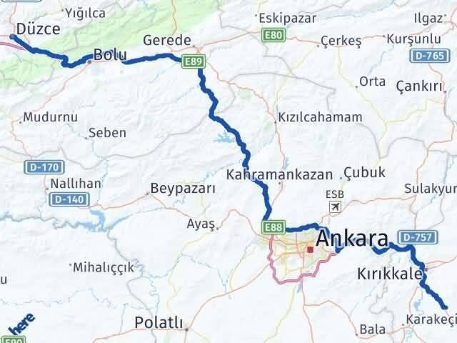 Düzce Keskin Kırıkkale Arası Kaç Km - Yol Haritası