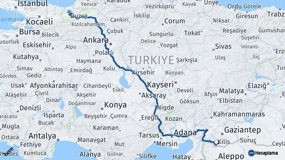 Düzce Kilis Arası Kaç Km - Yol Haritası