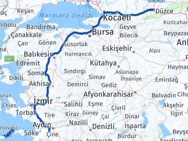 Düzce Koçarlı Aydın Arası Kaç Km - Yol Haritası