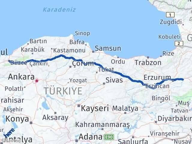 Düzce Köprüköy Erzurum Arası Kaç Km - Yol Haritası