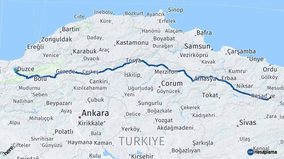 Düzce Koyulhisar Sivas Arası Kaç Km - Yol Haritası