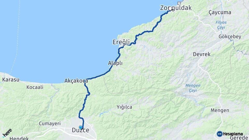 Düzce Kozlu Zonguldak Arası Kaç Km - Yol Haritası