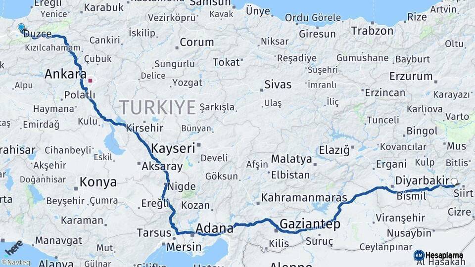 Düzce Kurtalan Siirt Arası Kaç Km - Yol Haritası