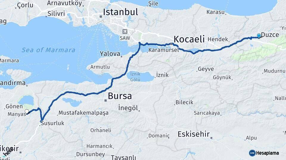 Düzce Manyas Balıkesir Arası Kaç Km - Yol Haritası