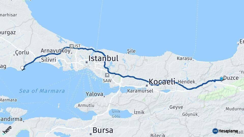 Düzce Marmaraereğlisi Tekirdağ Arası Kaç Km - Yol Haritası