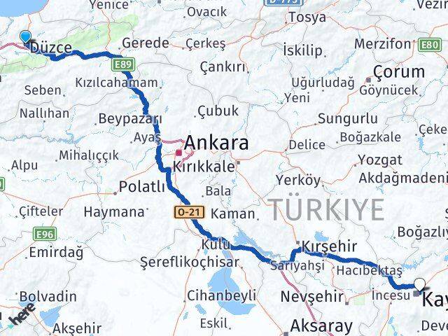 Düzce Melikgazi Kayseri Arası Kaç Km - Yol Haritası