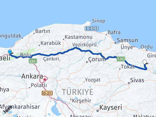 Düzce Mesudiye Ordu Arası Kaç Km - Yol Haritası