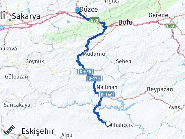 Düzce Mihalıççık Eskişehir Arası Kaç Km - Yol Haritası
