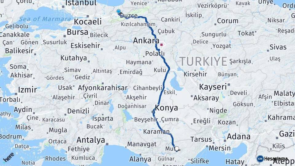 Düzce Mut Mersin Arası Kaç Km - Yol Haritası