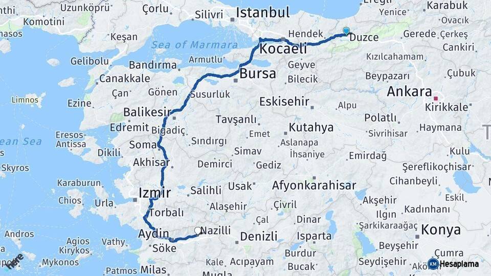Düzce Nazilli Aydın Arası Kaç Km - Yol Haritası