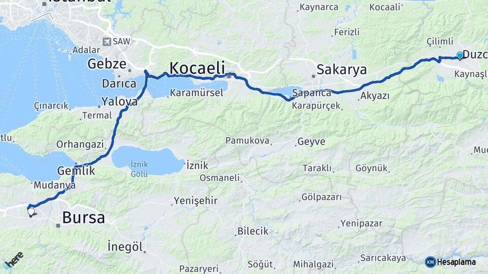 Düzce Nilüfer Bursa Arası Kaç Km - Yol Haritası