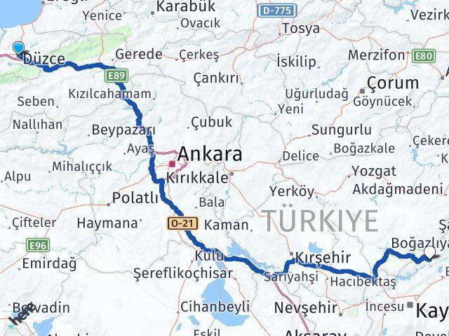 Düzce Özvatan Kayseri Arası Kaç Km - Yol Haritası