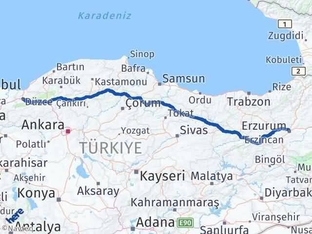 Düzce Palandöken Erzurum Arası Kaç Km - Yol Haritası
