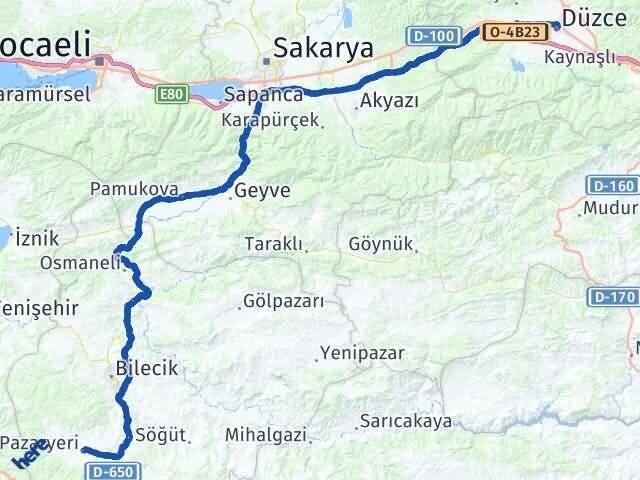 Düzce Pazaryeri Bilecik Arası Kaç Km - Yol Haritası